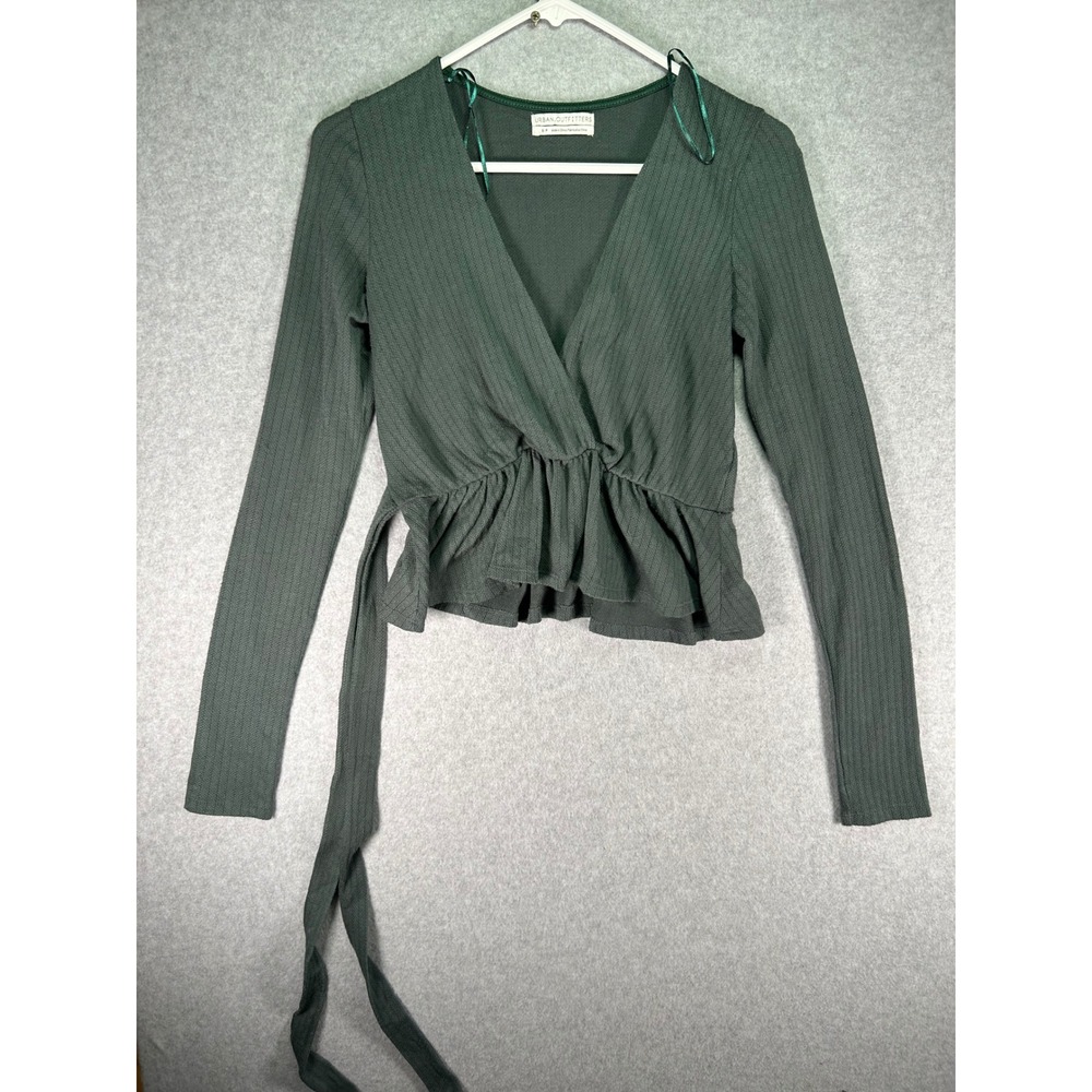 Wear*Urban Outfitters Green Ribbed Wrap Peplum Top Long Sleeve V-Neck Small